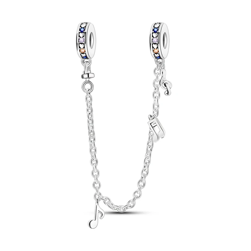 

Unique 925 Sterling Silver Love Pavé Multi Note Safety Chain Charm Fit Pandora Bracelet Women's Music Lover Jewelry Gift