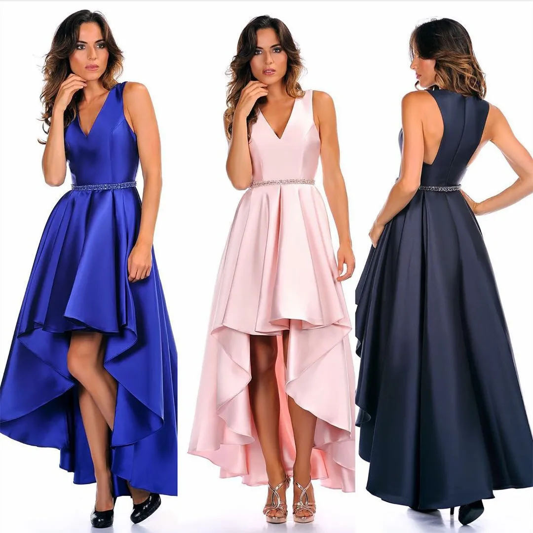 

Elegant Hi-Lo Satin Evening Dresses With Beaded Belt Asymmetrical V-Neck Pleated Knee Length Formal Occasion Prom Party Gowns