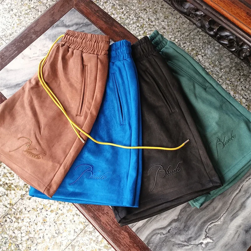 

New Suede Fabric Rhude Shorts Men Women 1:1 High Quality Drawstring Embroidered Breeches Gym