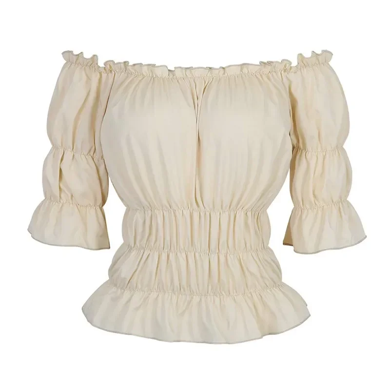 Damen Renaissance Bluse Tops Korsett Taille Mittelalter Viktorianisch Schulterfrei Kurzarmshirt Pirat Cosplay Kostüme Halloween