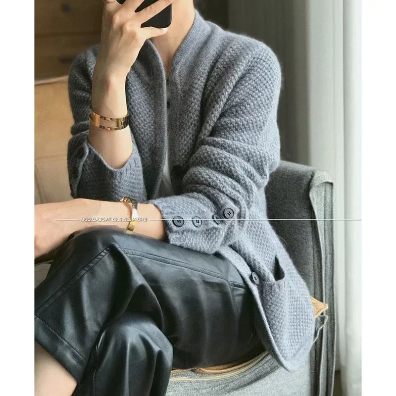 

Blue Knitted Sweater Coat Thickened 100% Pure Cashmere Cardigan Women Stand Neck Loose Knitwear Elegant Jacket