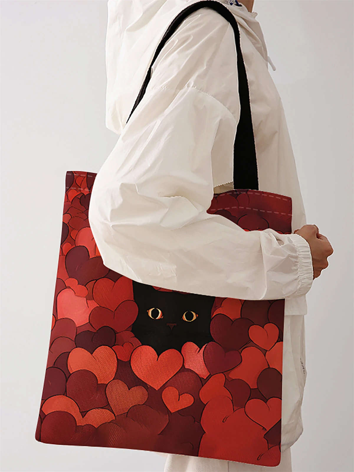 Cat and heart pattern printed casual handbag, reusable fashionable backpack, multifunctional handbag, canvas shopping bag
