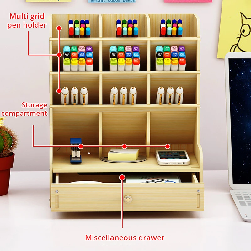 1pc Wooden Desk Organizer Multifunctional Desktop Stationery Pen Holder Box For Home Office School Supplies Storage Holder