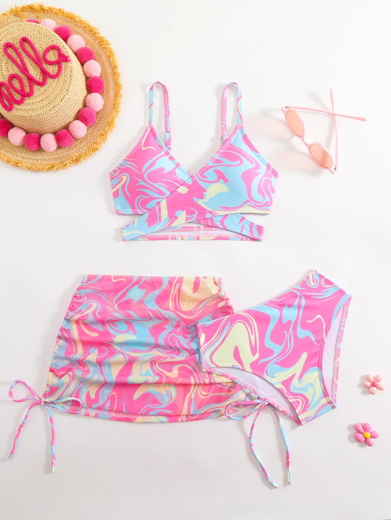 3pcs Swimming Suit for Girls Summer Beach Dress Swimsuit Tie-dye Printed Skirted Bikini Set Kids Bathing Suit