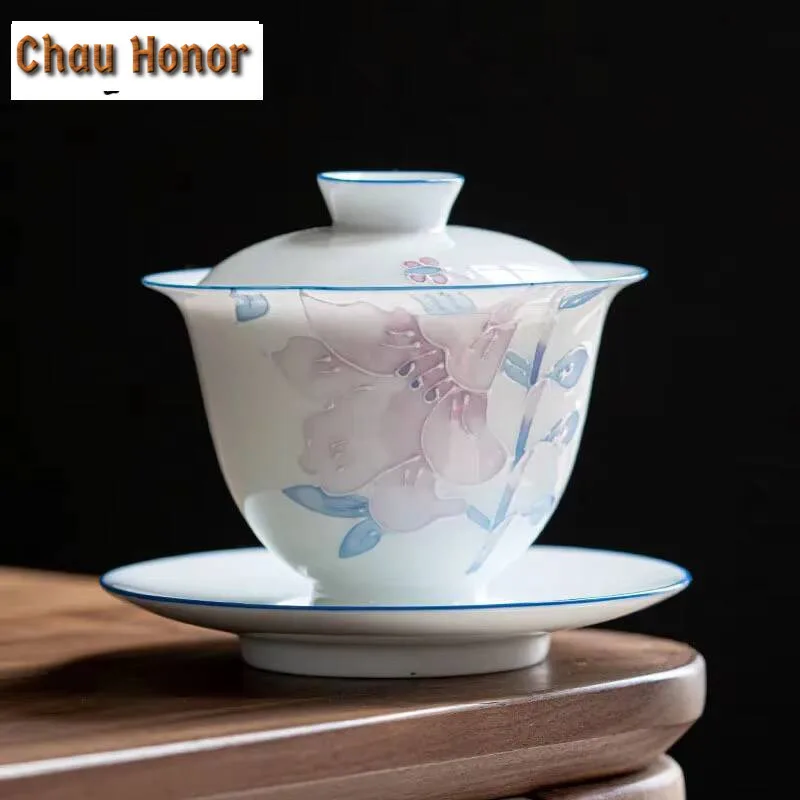 175ml Hand Painted Pile Carving Lily Gaiwan Boutique Tea Tureen Tea Bowl with Lid Kit Tea Brewing Cover Bowl Cafes Ornaments