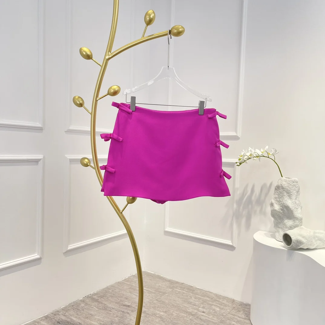 

Silk Wool Bow Rose Red Side Zipper Closure Mini Skirt FR Size42x1