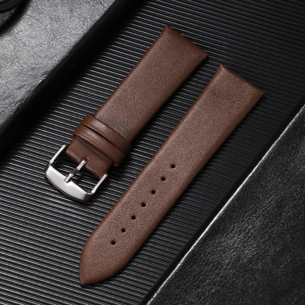 Elegant Vintage Brown Slim Leather Watch Strap - Ultra-Thin Wrist Band