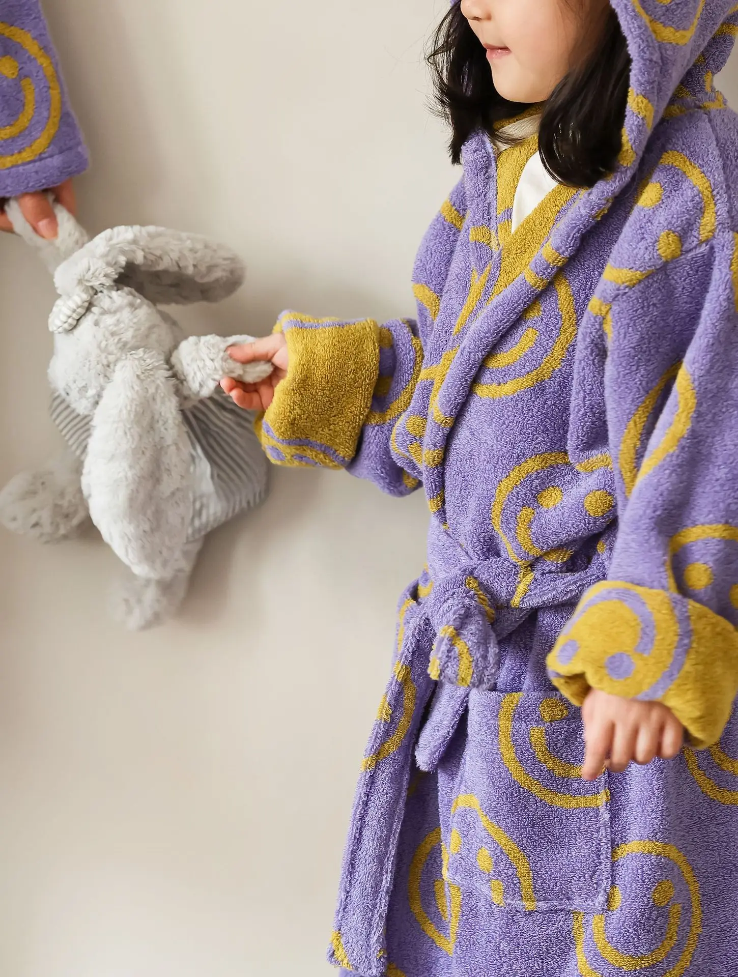 Smiley Face Pattern Cotton Parent-child Bathrobe Towel Soft Kids Ear Hoodies Bathrobe Kimono Sleepwear Coat Bath Unisex Towel