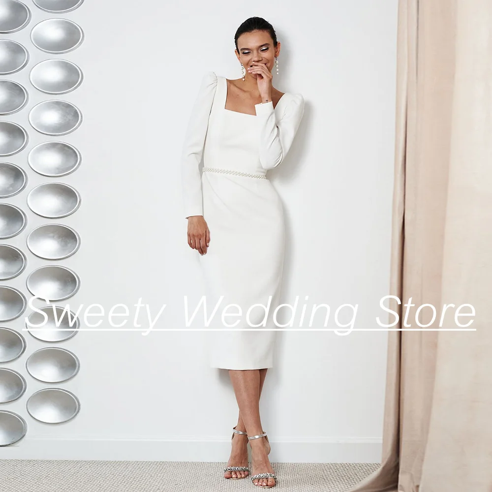 

Простые Свадебные платья для женщин, облегающие свадебные платья невесты с квадратным вырезом и длинными рукавами, поясом с жемчугом, свадебное банкетное платье длиной ниже колена