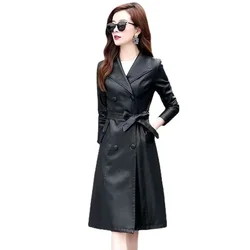 Top Compound lambskin leather jacket lady Free wash PU women clothing trench Long faux fur coat streetwear casaca para mujer