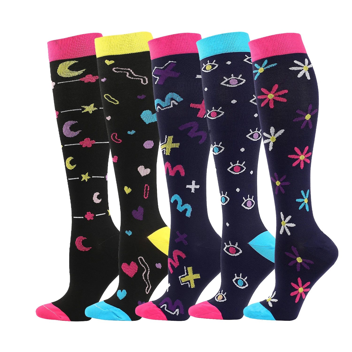 Cartoon Compression Socks Multi Pairs Sports Socks Fit for Running Hiking Cycling Knee High Women's
