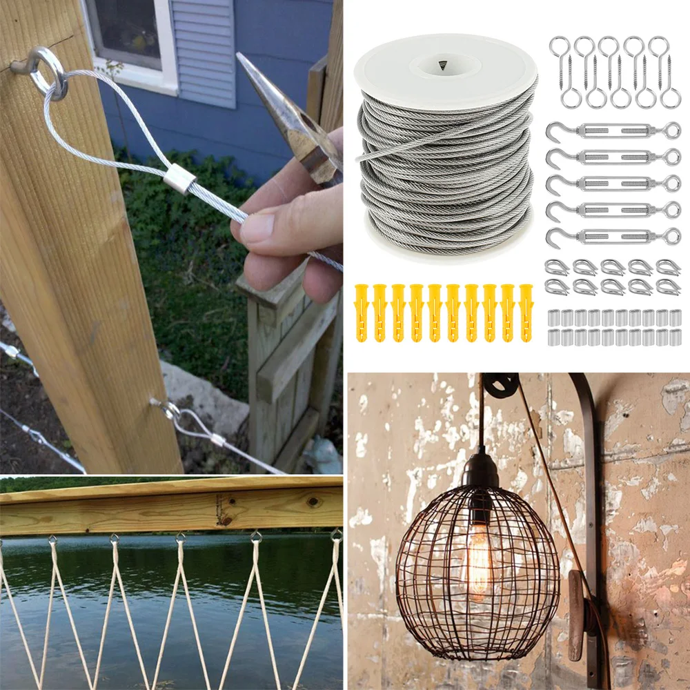 15M/30M Picture Wire Cable Railing Kit Garden Heavy Duty Screw Eye Screw Turnbuckle Wire Tensioner Strainer Coated Cable Rope stainless steel wire rope,stainless steel cable rope