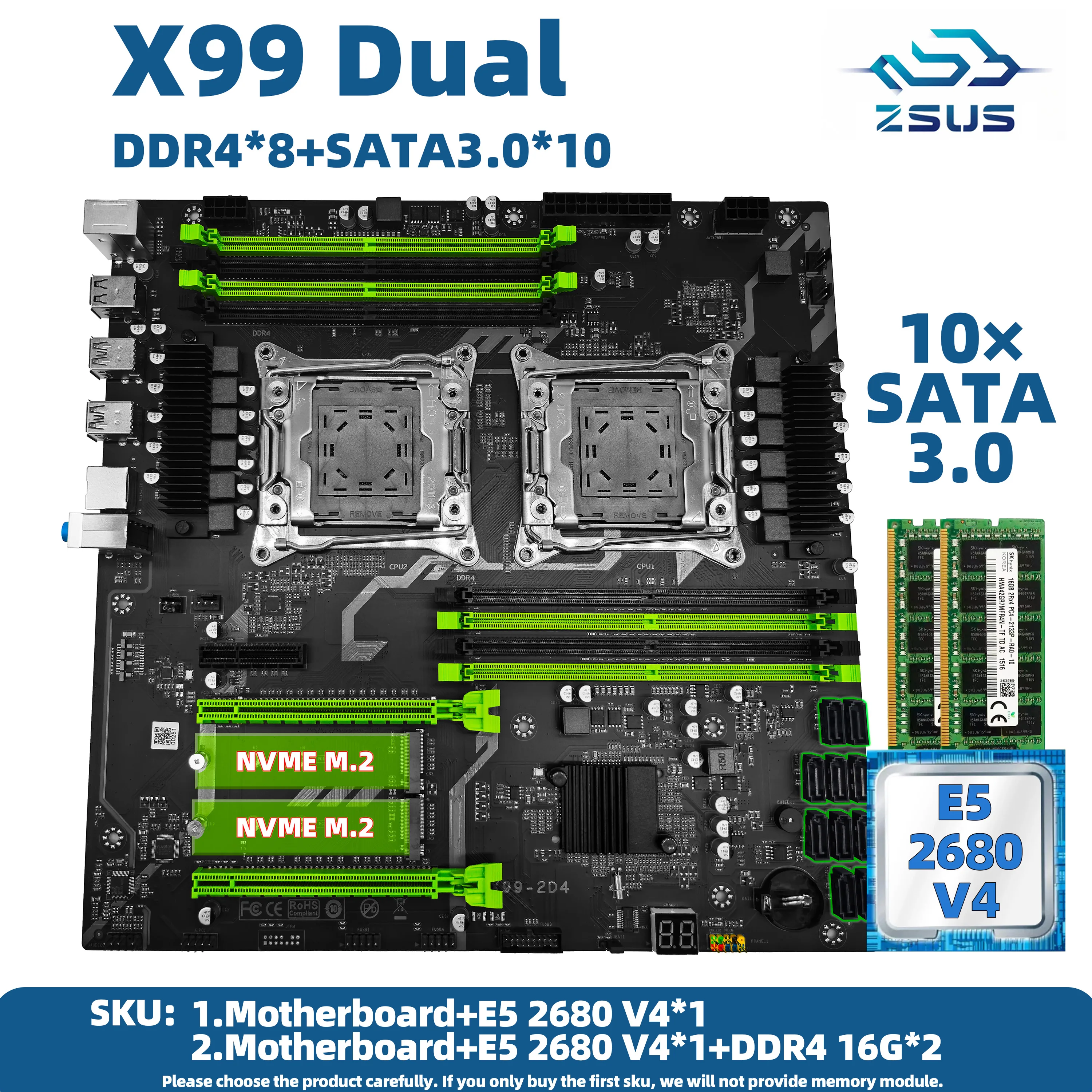 ZSUS X99 Dual CPU Motherboard Kit Xeon E5 2680 V4 with DDR4 32GB
