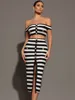 Women Summer Sexy Off Shoulder Striped Button Two Piece Mini Bandage Set 2024 Celebrity Designer Evening Party Women's Set 3