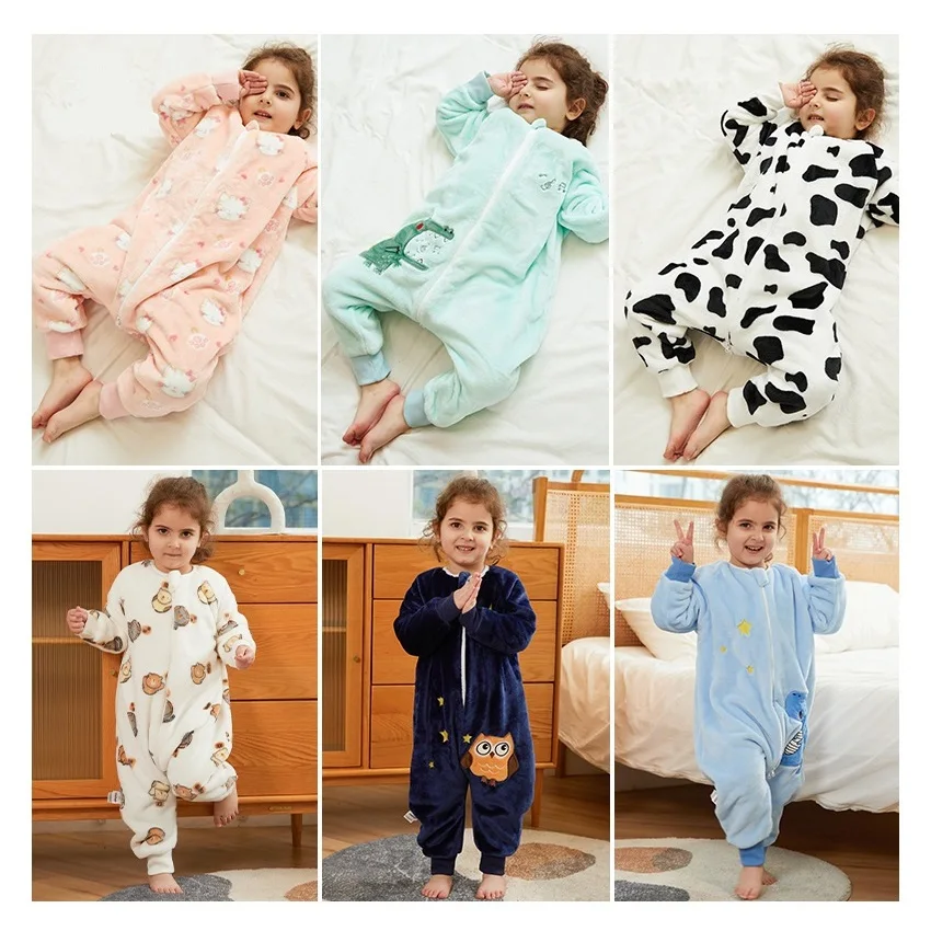 

Girls Rompers Flannel Sleepuits One-pieces 80-130cm Winter Pyjamas Warm Soft Jumpsuit Beautiful Printed Jumper Owl Cow Cat Bear