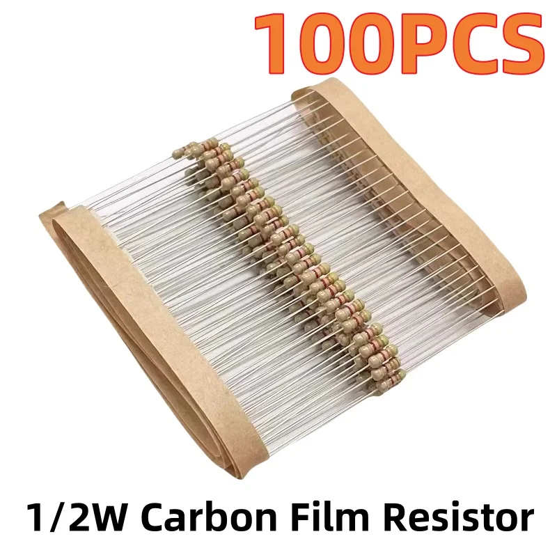Carbon Film Resistors 100PCS 1/2W 5% 1R 2R 10R 100R 1K 2K 5.1K 10K 20K 47K 100K 1M ohm 220R carbon film resistor