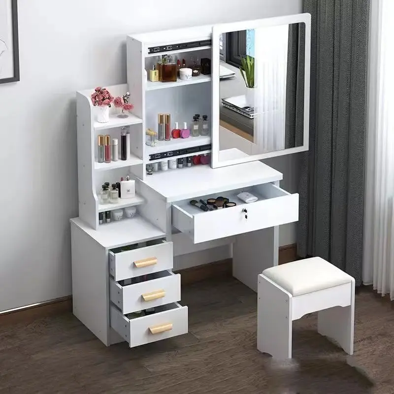 طاولة تجميل بيضاء مع كرسي، طاولة مكياج مع مرآة LED...