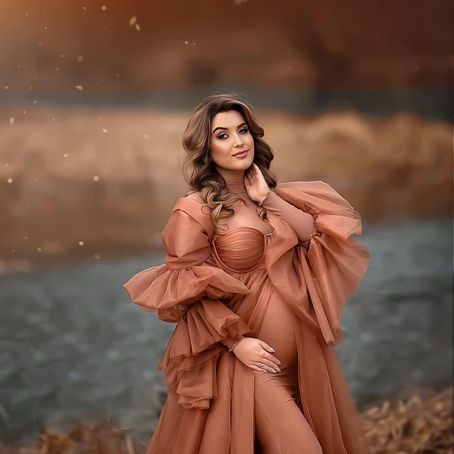 Auburn Maternity Dresses for Photo Shoot Tan Pregnancy Photoshoot Gown Long  Sleeve Babyshower Dress For Women