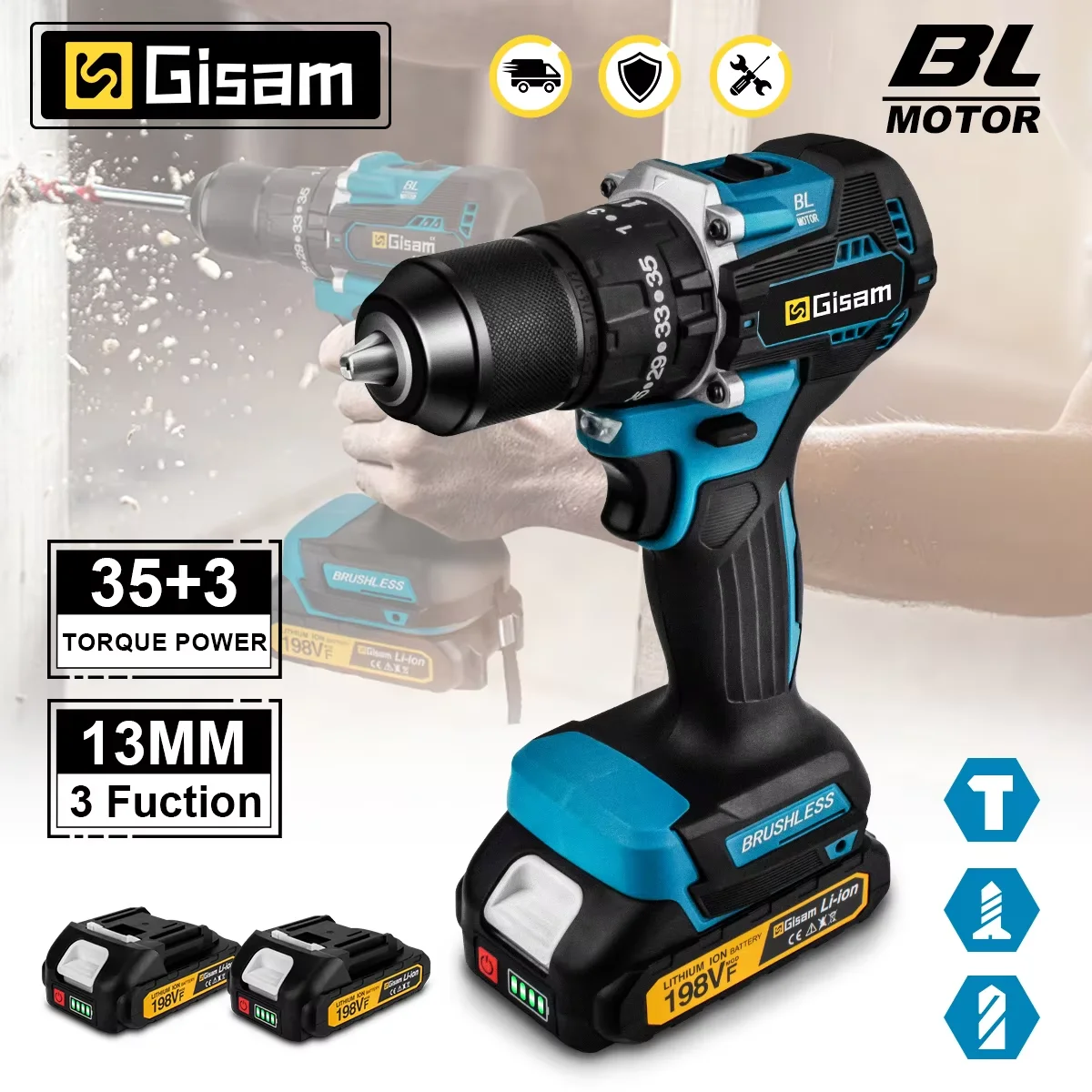 GISAM Furadeira de Impacto Elétrica Brushless 65N.m 13mm, parafusadeira sem fio 35+3 níveis de torque, ferramenta compatível com pino de bateria Makita 18V