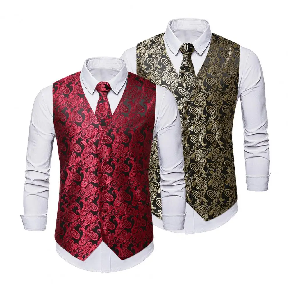 

Men Vest Coat Stylish Men's Cashew Nut Print Waistcoat Set with Business Tie Kerchief V-neck Single Breasted Design for Spring