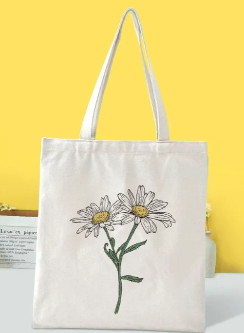 Canvas-Tragetasche mit Liebesmuster-Aufdruck, praktische Aufbewahrungstasche zum Ausgehen, Reisen, Einkaufen, Freizeittaschen, weiße Canvas-Tasche mit Blumenmuster – Detail 5