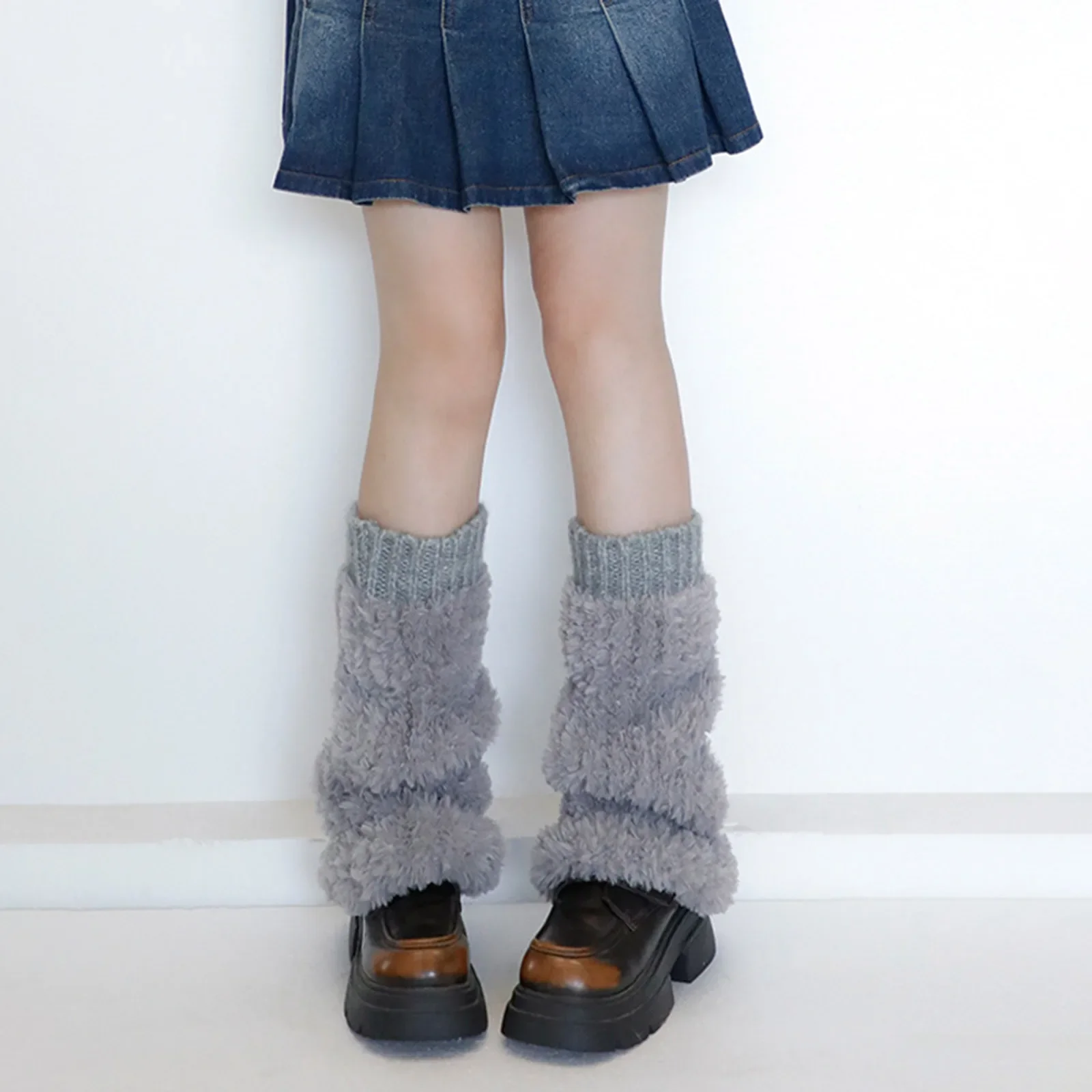 Women's Solid Color Faux Fur Leg Warmers Cute Winter Warm Leg Warmers Boot Covers with Ribbed Cuffs