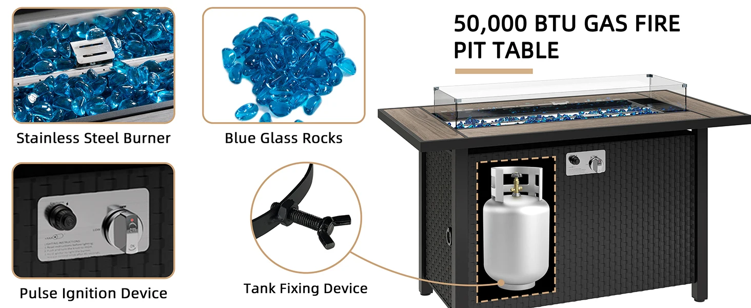 Description Picture 2 of itemJAMFLY Outdoor Propane Fire Pit Table 45 Inch with Lid, 50,000 BTU Gas Fire Pits for Outside Patio with Glass Wind Guard,Clear