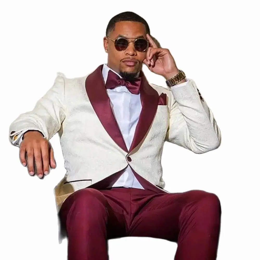 Mens Suits Blazers Groomsmen Lvory Pattern And Burgundy Groom Tuxedos Shawl Lapel 2 Pieces For Wedding( Jacket+Pants )