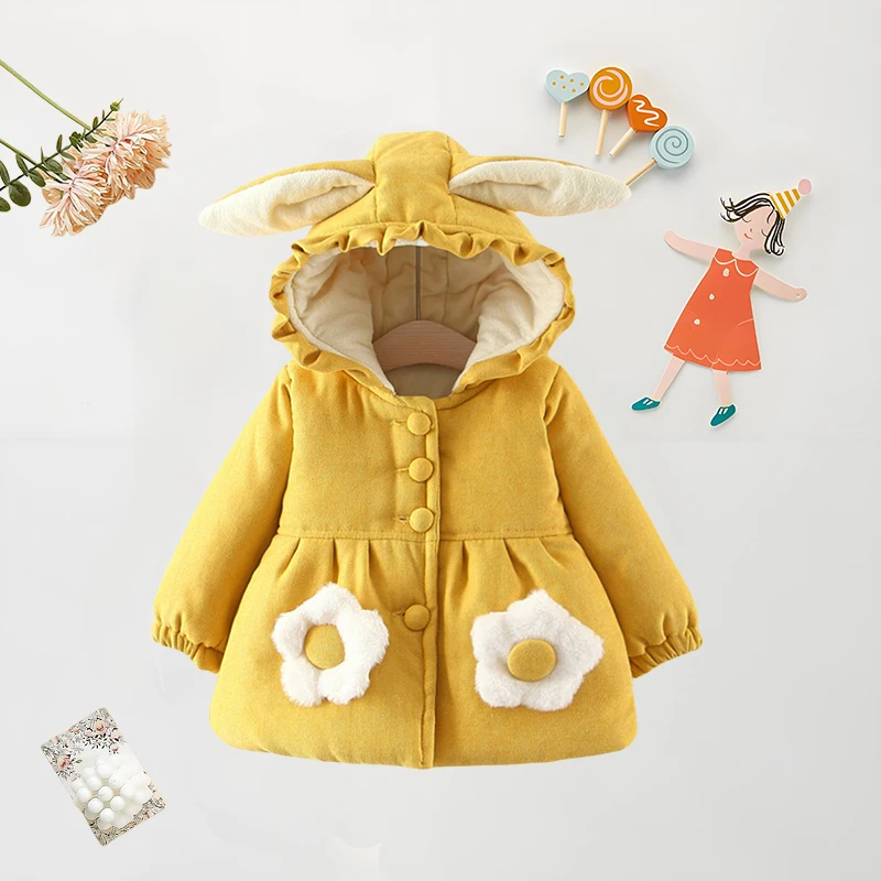Baby Cotton Coat Winter Baby Girl Flower Decoration Filled Cotton Rabbit Ears Hooded Jacket Warm Clothes Coat