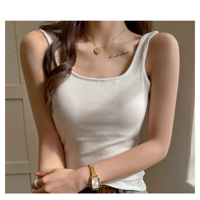 Women's Summer Sling Vest Top with Chest Pad & Beautiful Back - Modal Square Neck Halter Sleeveless