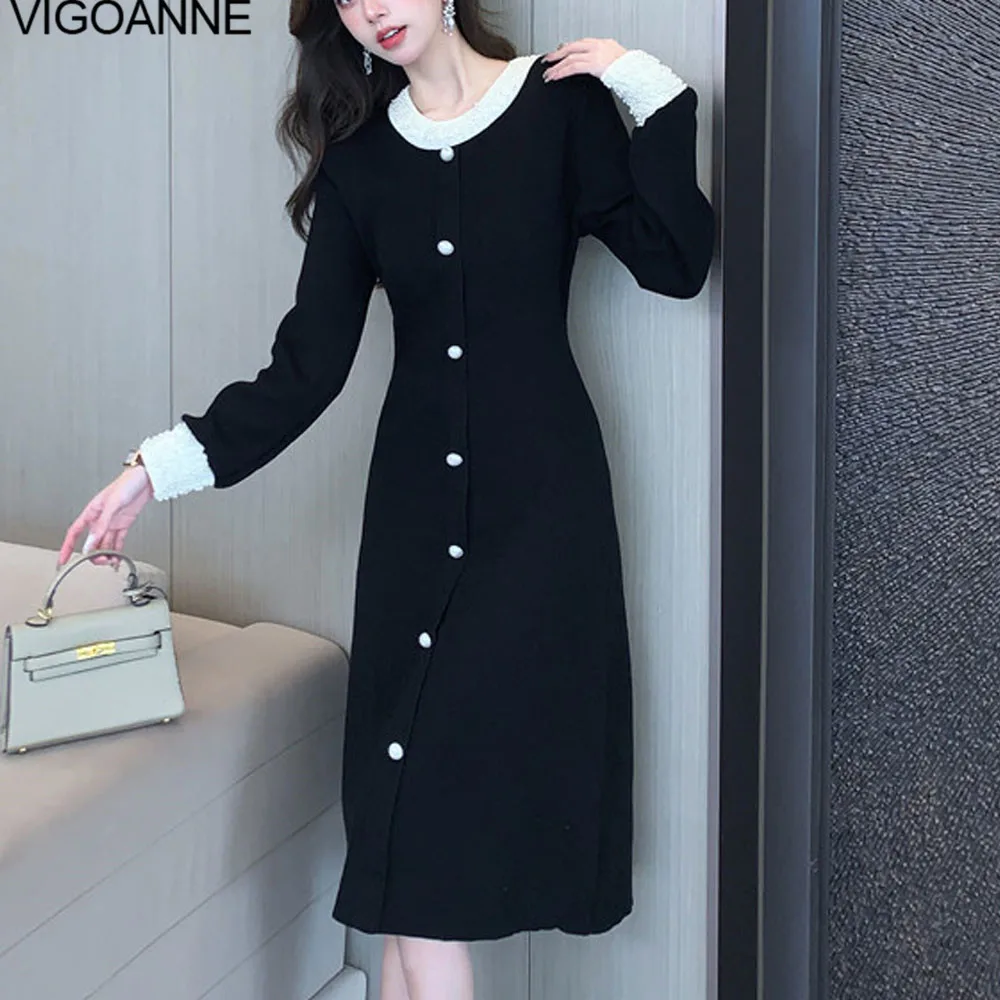 VigoAnne 2025 Female Spring Autumn Solid Knit Dress Woman Long Sleeve O Neck Knitted Dresses Lady Party Tight Long Sweater Dress 2