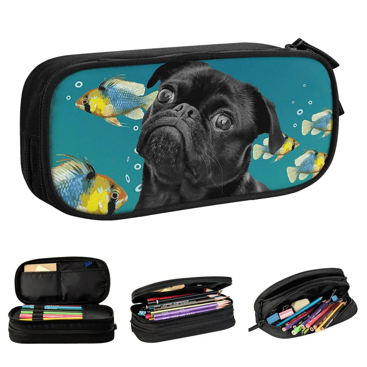 

Black Pug With Tropical Fish Pencil Cases Fashion Pen Holder Bag Girls Boys Big Capacity Students School Cosmetic Pencilcases