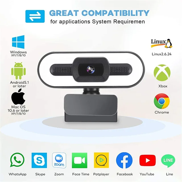 Portable Full HD 1080P 2K 4K Webcam PC Latops Auto Focus Fill Light Web Camera With Microphone for Network Live Conference 4