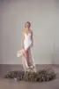 Popular V-neck Satin Sheath A Line Wedding Dresses Side Slit Button Back Boho Beach Bridal Grown  Robe de Mariage 2