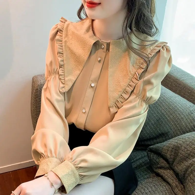 Spring 2022 French Style Doll Collar Shirt for Women Niche Design Spring Loose Youthful-Looking Puff Sleeve Women's Shirt Fashio