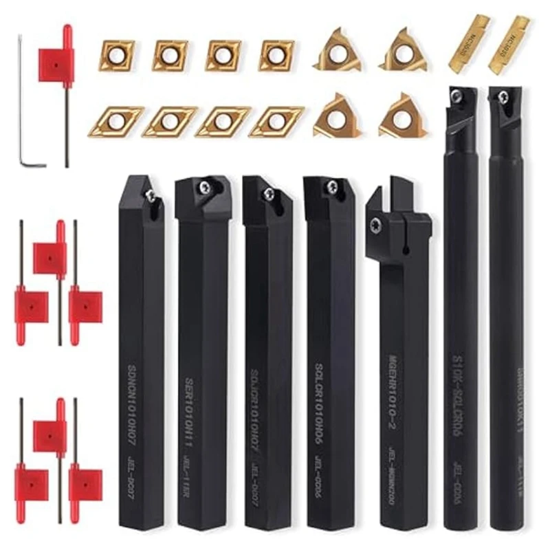 

Lathe Turning Tool 3/8In Shank-7PC Lathe Tools Holder 14PC Carbide Insert For Turning Boring Grooving Cutting Threading