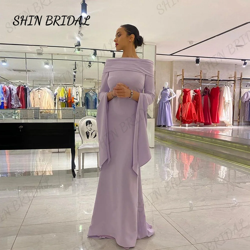 

Женское вечернее платье-Русалка SHIN BRIDAL, Сиреневое платье с вырезом лодочкой и длинными рукавами, плиссированное платье до пола с молнией на спине, 2024