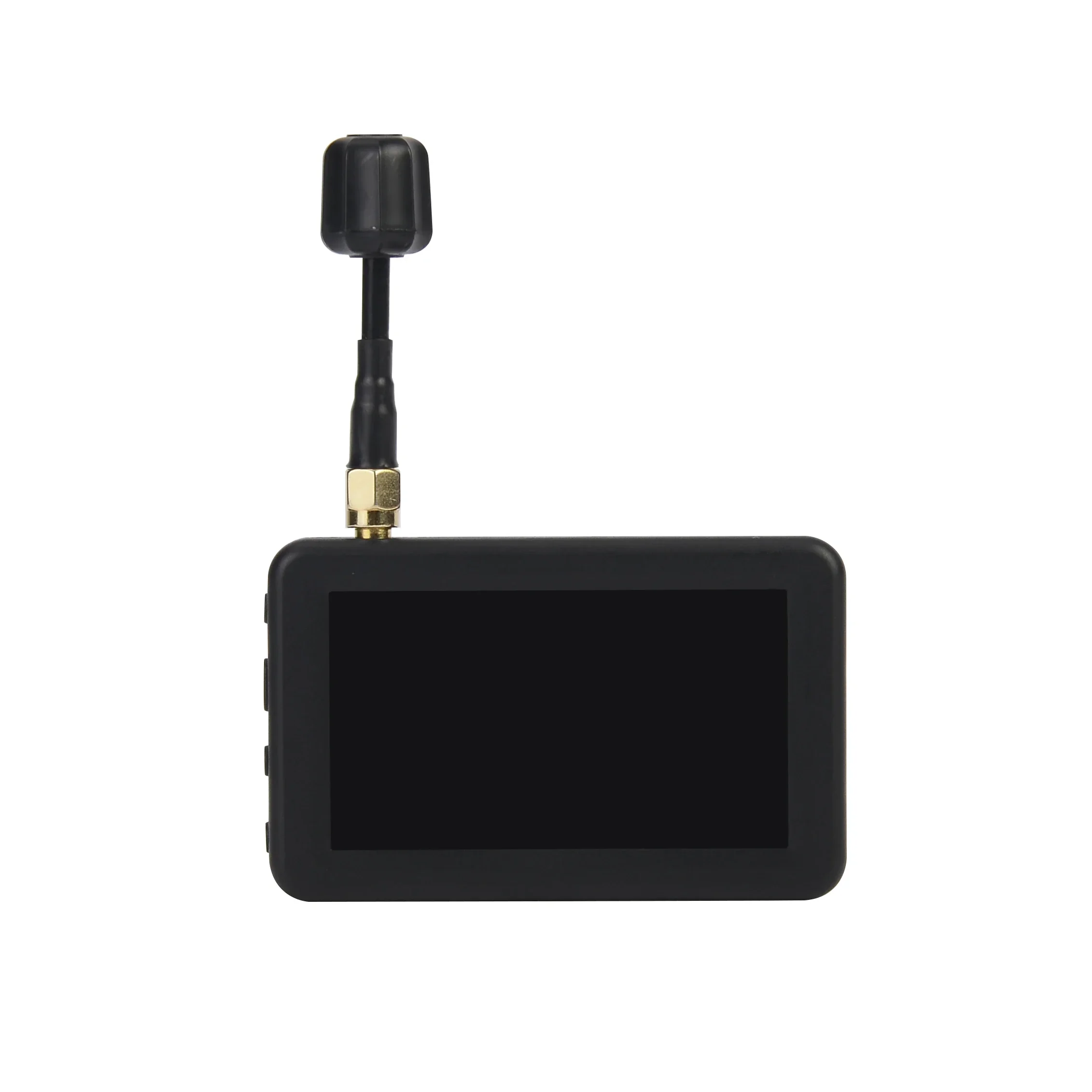 Côté du moniteur FPV miniature 3 pouces 5.8G 40CH avec batterie intégrée, ports et antenne visibles