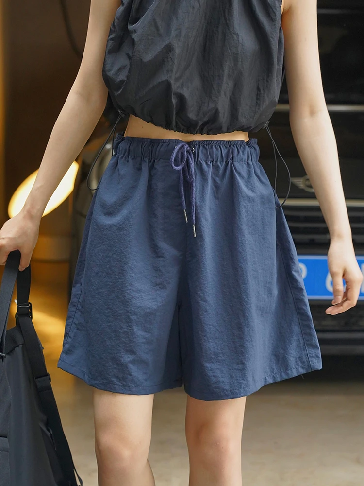 [LANMREM] Drawstring Design Shorts For Women Solid Elastic High Waist Loose Wide Leg Clothing Female 2024 Summer New 26D8786