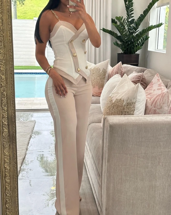 2024 Spring Women Casual Suit Set Contrast Paneled Skinny V-Neck Double Breasted Chain Strap Cami Top and Straight Leg Pants Set european and american style spring summer 2023 new irregular openwork bandeau slim chain paneled split hip dress woman