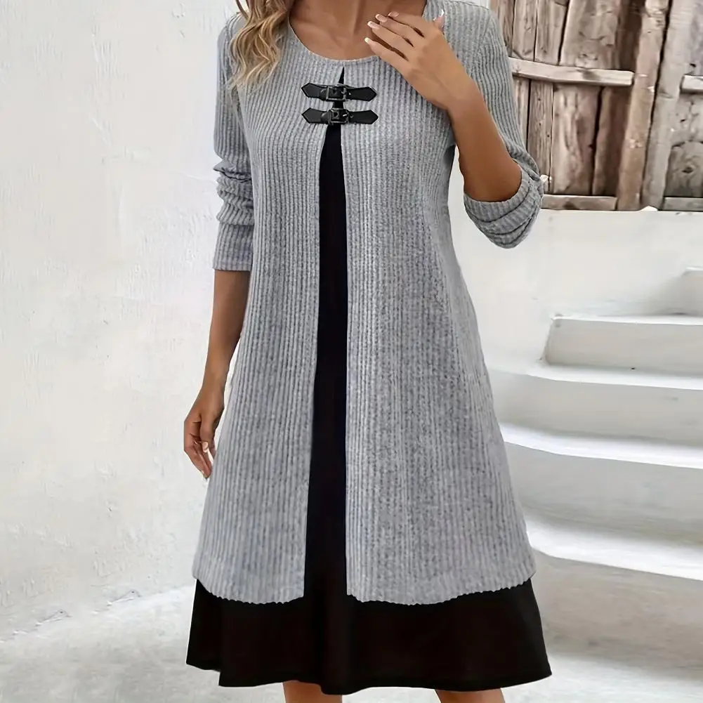 

Round Neck Dress Knitted Two-piece Midi Dress With Buckle Decor A-line Silhouette For Fall Spring Women's Fashion Contrasting