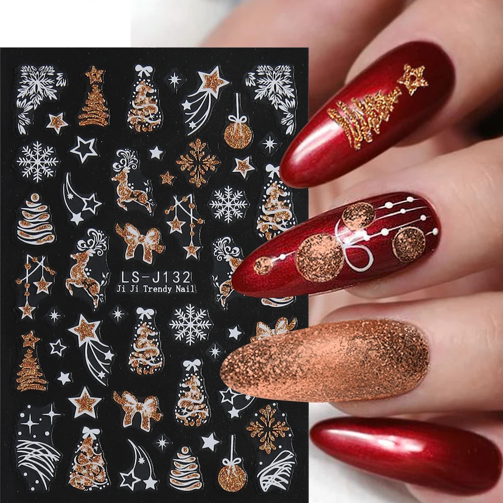 Glitter Christmas Tree Nail Stickers Gold Star Cartoon Deer Decals Snowflake Bow Nail Sliders New Year Manicure Decors LEBLS-J32