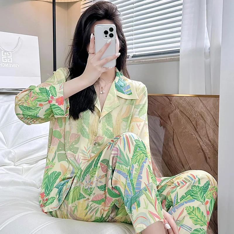 

Satin Women's Pajamas Set Luxury Leaf Print Lapel Sleepwear Silk Like Long Sleeve Homewear Nightwear Female Pijamas Women