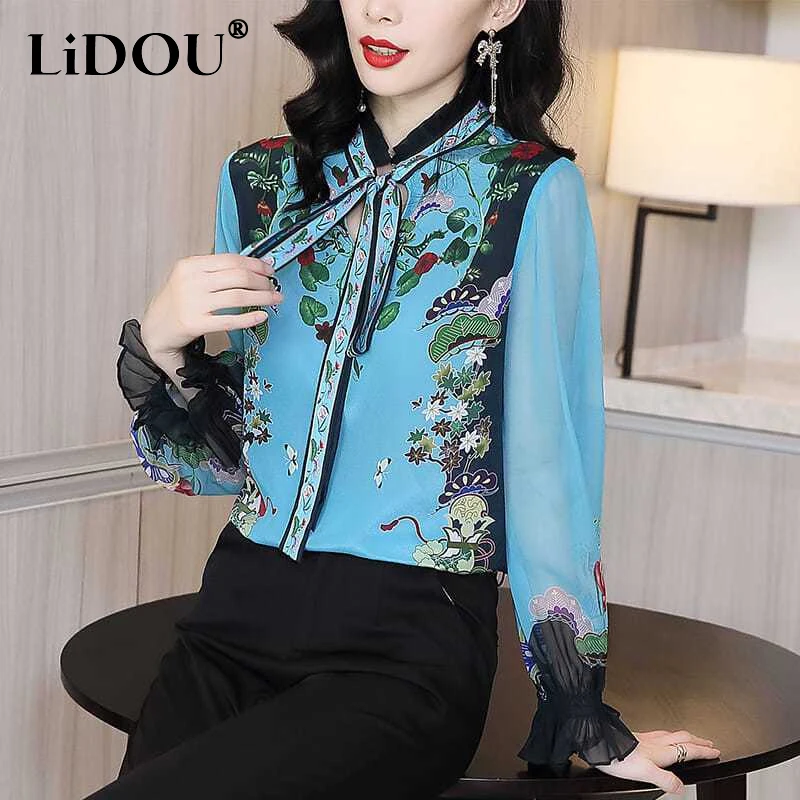 Frenulum Long Sleeve Female Blouse 2023 Spring Autumn New Women's Clothing Round Neck Bow Vintage Printing Chinese Style Shirt