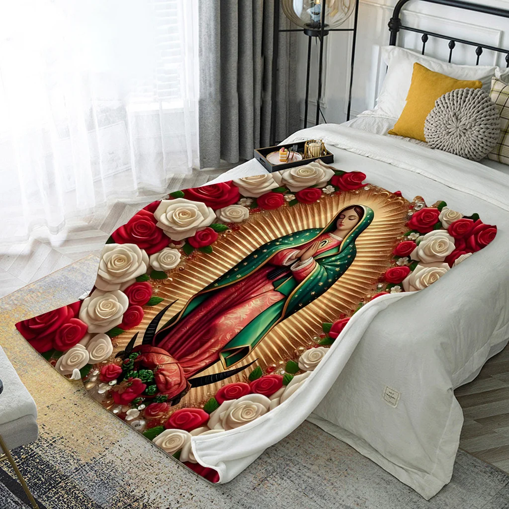 Virgin Mary with Roses Flannel Throw Blanket 6