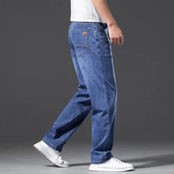 Summer Men's Thin Jeans Straight Elastic Business Casual Baggy Denim Pants Smoke Gray Fashion Plus Size Trousers Male Clothes 46