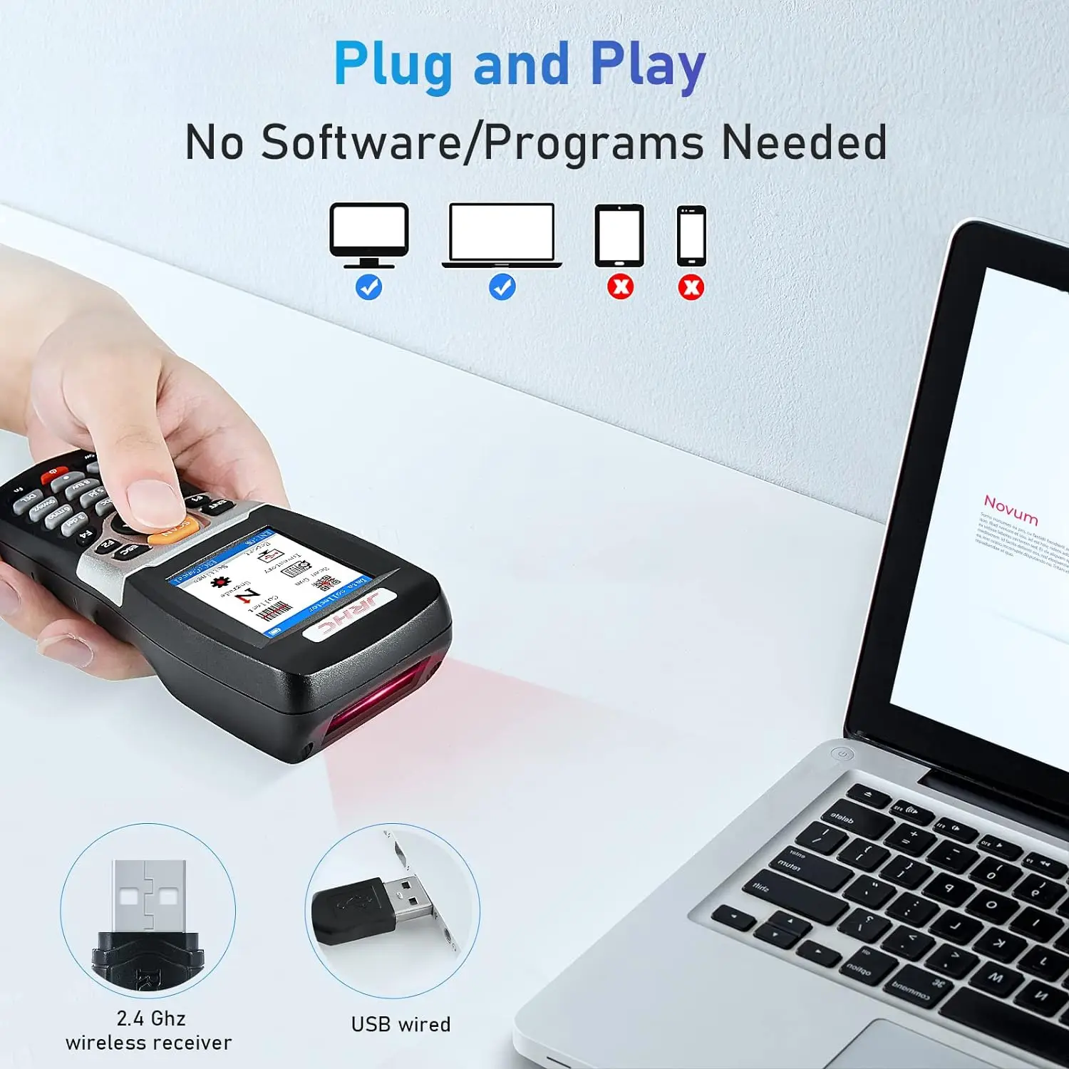 Wireless 1D Barcode Scanner JRHC Inventory Scanner Collector Portable Data Terminal Inventory Device USB with 2.2''LED Screen