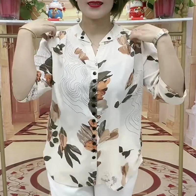 Summer New V-neck Fashion Three Quarter Blouse Women Casual Loose Button Patchwork Pullovers Elegant Printing Comfortable Tops