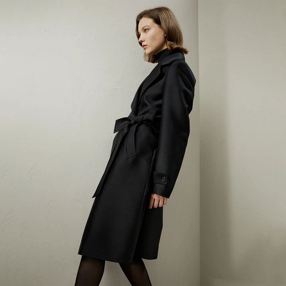 LILYSILK Silk Wool Mixed Women's Trenchcoat with Belt 2023 Fall New Long Turn Down Collar Button Design Clothing Free Shipping
