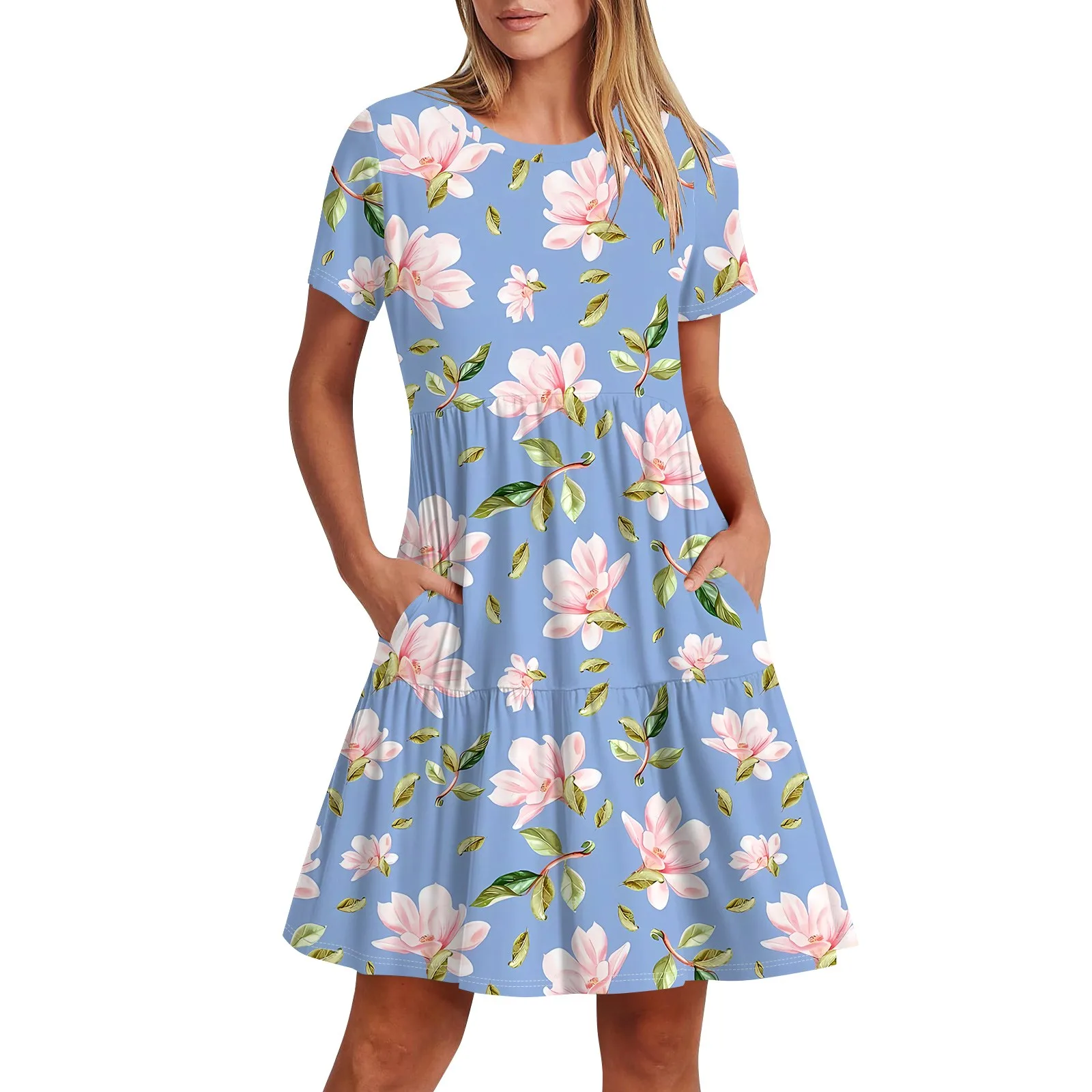 

2024 Women's Casual Fashion Round Neck Short Sleeve Printed Midi Classy and Sophisticated Dress With Pocket Летнія сукенкі